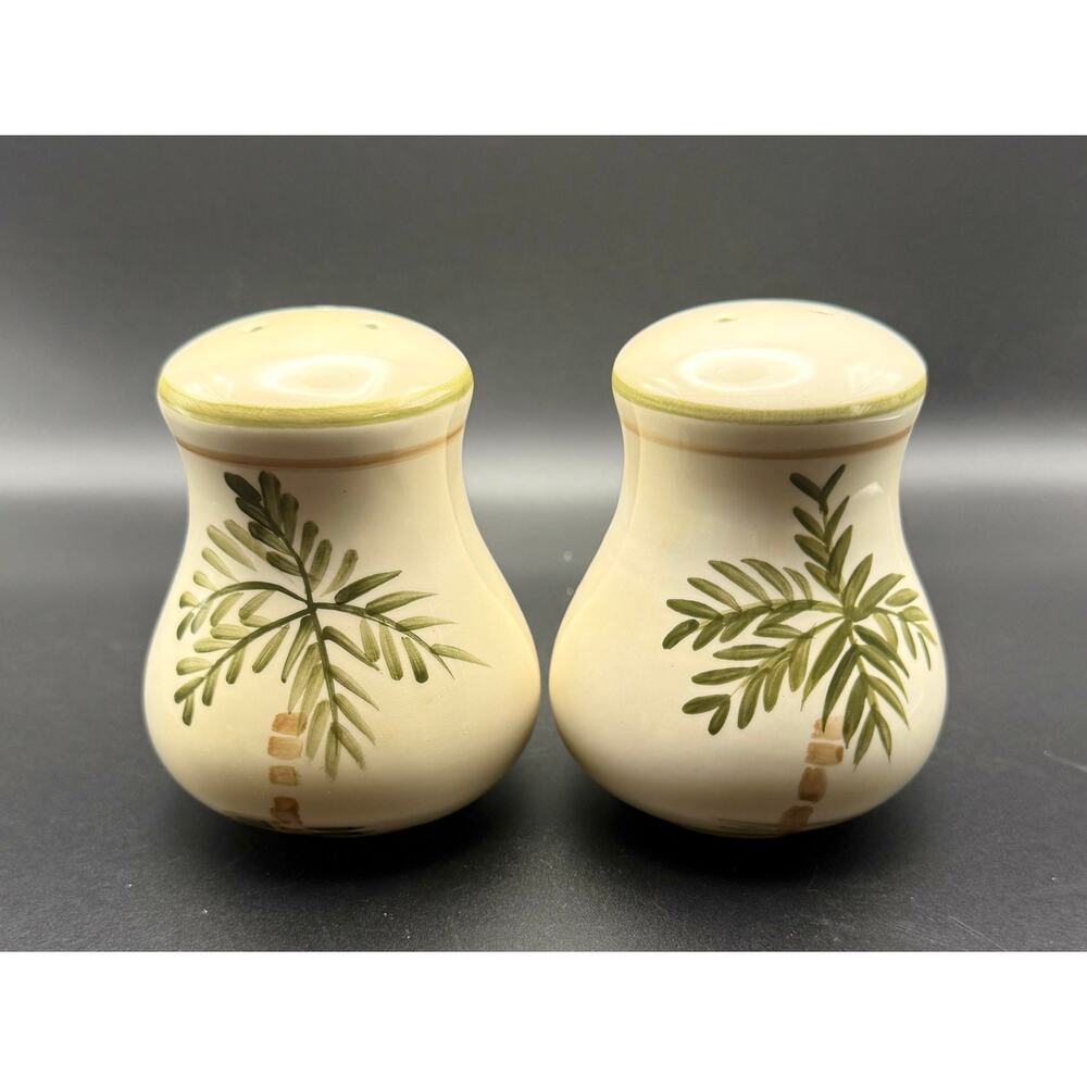 Palm Court Tropical Palm Tree Salt & Pepper Shakers Ceramic 2 Pc Set w/ Box